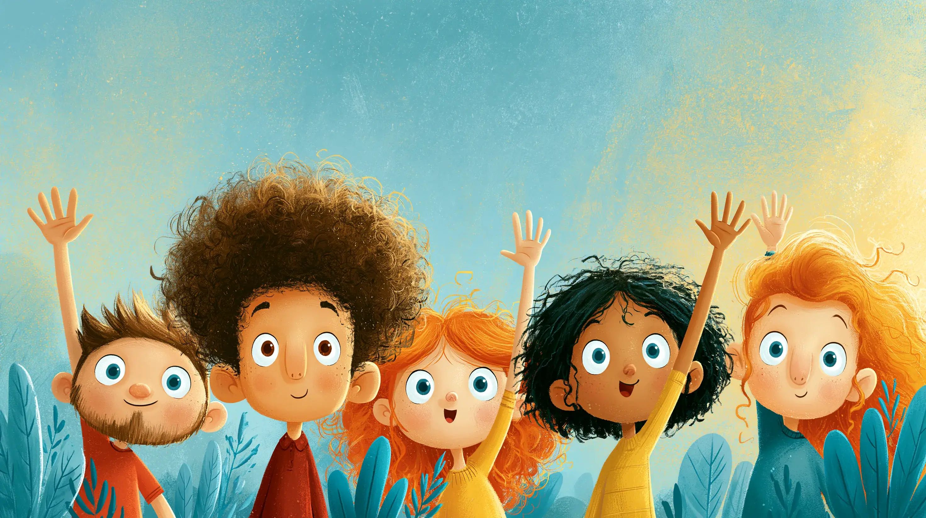 Five children waving hello