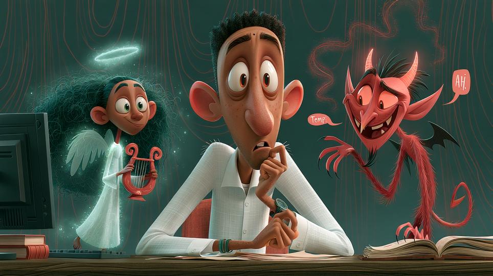 Ilustración de un joven sentado en un escritorio, dividido entre un ángel brillante en un hombro y un diablo rojo en el otro, representando la elección del Salmo 1 entre el camino del justo y el camino del malvado.