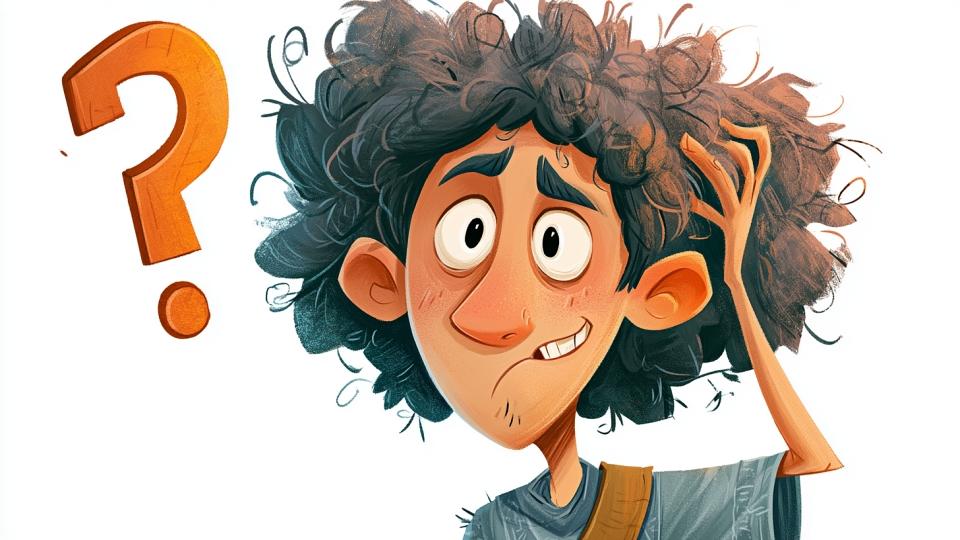 Ilustración de un personaje confundido y cómico, rascándose la cabeza con un signo de interrogación flotando sobre él, representando la descripción del Salmo 14 del necio que dice en su corazón: «No hay Dios».