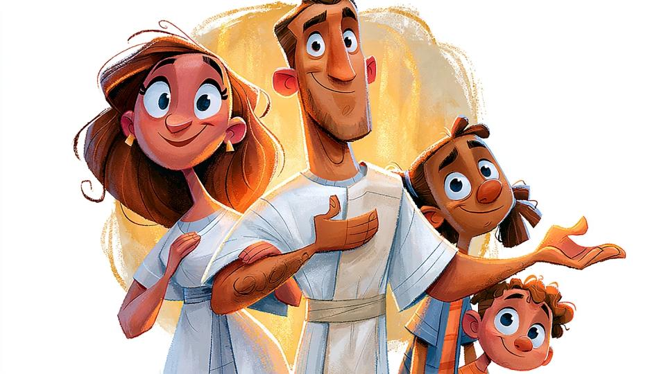 Ilustración de un hombre de familia humilde y de rostro bondadoso, de pie con una mano sobre el corazón y la otra extendida con compasión, junto a su esposa y sus dos hijos, representando la respuesta del Salmo 15 a quién puede habitar en el tabernáculo de Dios: el que camina en integridad y trata bien a los demás.