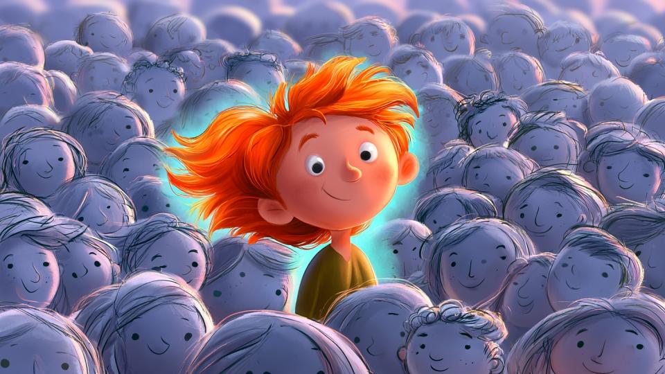 Ilustración de un niño alegre resplandeciendo a todo color en el centro de una enorme multitud de cientos de personas dibujadas en delicado boceto gris, representando la promesa del Salmo 23 de que el SEÑOR, nuestro Pastor, conoce y cuida a cada uno personalmente, aunque seamos uno entre muchos.
