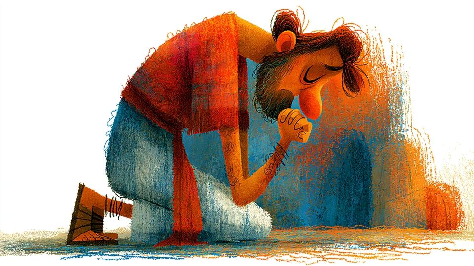 Ilustración del rey David arrodillado en oración junto a su cama, con las manos juntas, eligiendo confiar en Dios en vez de preocuparse, representando la oración vespertina de paz del Salmo 4.
