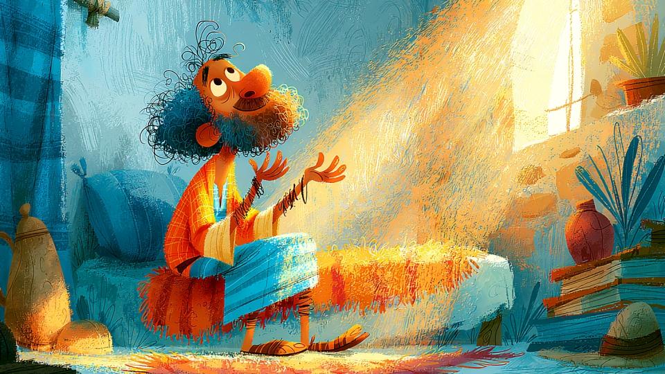 Ilustración del rey David levantando las manos en oración al amanecer, mientras un rayo de luz matutina entra por su ventana, representando la súplica del Salmo 5: «Por la mañana oirás mi voz».