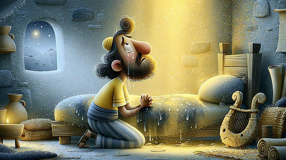 Ilustración del rey David arrodillado en oración llorosa junto a su cama de noche, en un humilde cuarto de piedra, representando el clamor del Salmo 6: «Toda la noche inundo de llanto mi lecho».