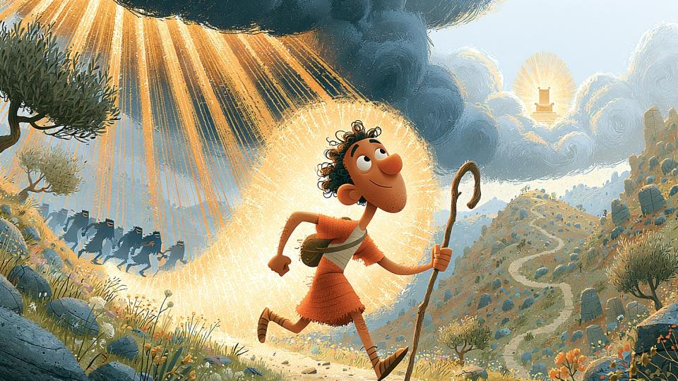 Ilustración del joven David corriendo por el terreno rocoso y escarpado del antiguo Israel, con enemigos en las sombras persiguiéndolo a la distancia, representando la súplica del Salmo 7 para que Dios lo salve de quienes lo persiguen.