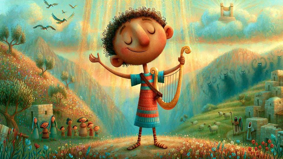 Illustration of young King David standing triumphantly on a sunlit hilltop, joyfully playing a golden harp and singing praise, illustrating Psalm 9's declaration, 'I will give thanks to the LORD with all my heart.'