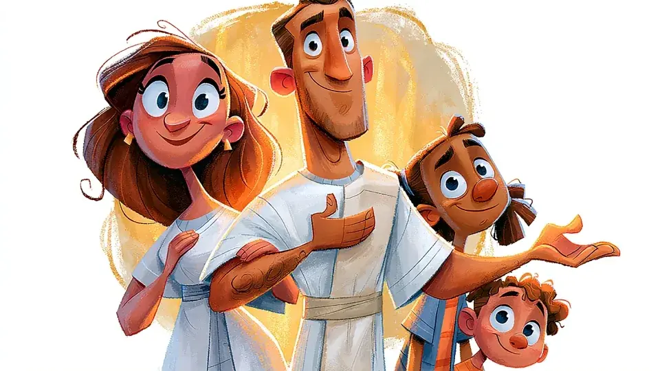 Ilustración de un hombre de familia humilde y de rostro bondadoso, de pie con una mano sobre el corazón y la otra extendida con compasión, junto a su esposa y sus dos hijos, representando la respuesta del Salmo 15 a quién puede habitar en el tabernáculo de Dios: el que camina en integridad y trata bien a los demás.