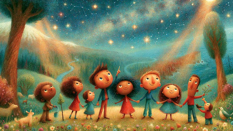 Ilustración de una familia de pie junto bajo un cielo nocturno impresionante, lleno de estrellas brillantes y la Vía Láctea, representando el asombro del Salmo 8 ante los cielos: «Cuando veo tus cielos, obra de tus dedos... ¿qué es el hombre, para que tengas de él memoria?»