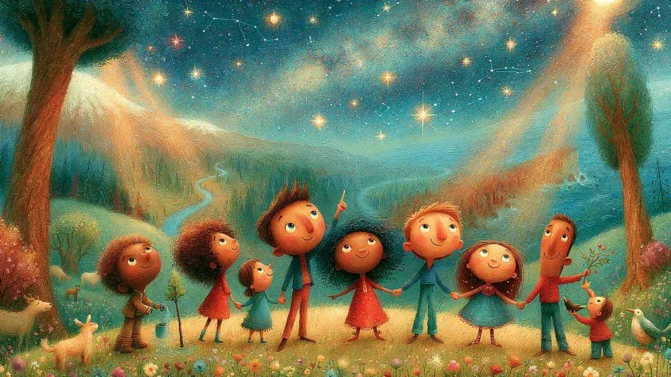 Ilustración de una familia de pie junto bajo un cielo nocturno impresionante, lleno de estrellas brillantes y la Vía Láctea, representando el asombro del Salmo 8 ante los cielos: «Cuando veo tus cielos, obra de tus dedos... ¿qué es el hombre, para que tengas de él memoria?»
