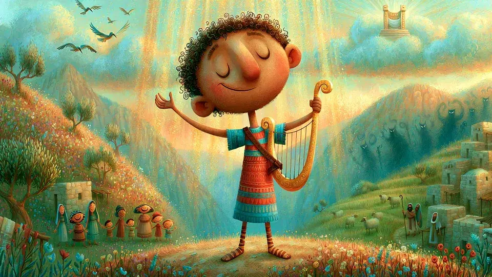 Ilustración del joven rey David de pie triunfante en una colina soleada, tocando alegremente un arpa dorada y cantando alabanzas, representando la declaración del Salmo 9: «Te alabaré, oh Jehová, con todo mi corazón».