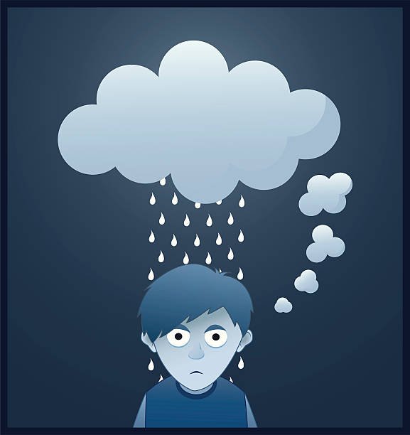 Sad boy with negative thinkings raining over him.